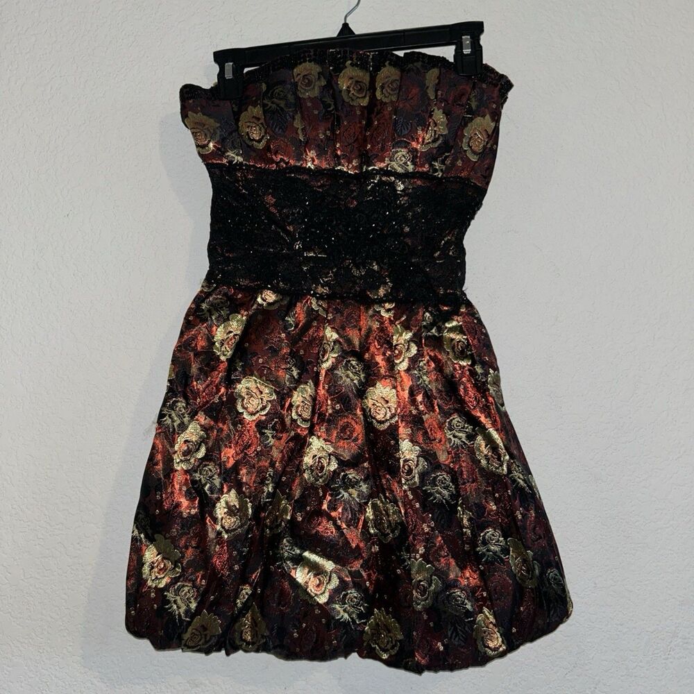 Bebe Floral Bubble Dress Lace Strapless Multicolor Black  Sequins Size XS